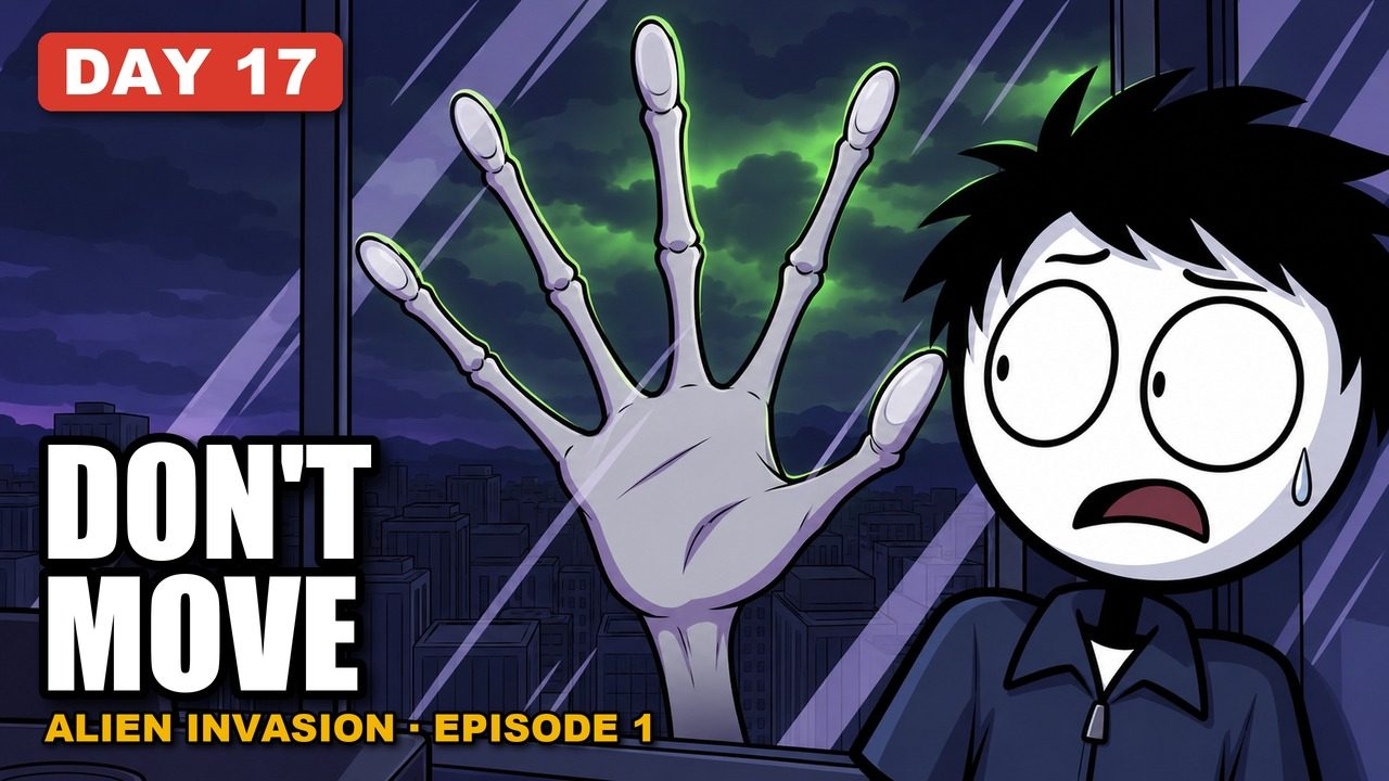 Alien Invasion Episode 1 thumbnail: Day 17, don't move, a pale four jointed alien hand pressed on the glass beside a frightened stick figure