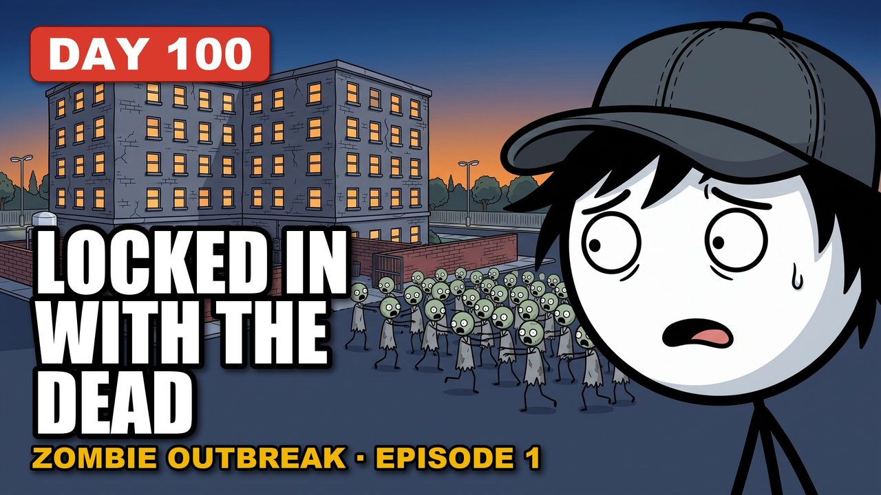 Zombie Outbreak art: Day 100, locked in with the dead, a scared stick figure in front of a zombie crowd outside the hospital
