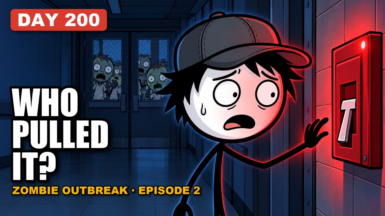 Episode 2 thumbnail: Day 200, who pulled it, a scared stick figure beside a glowing red fire alarm pull station