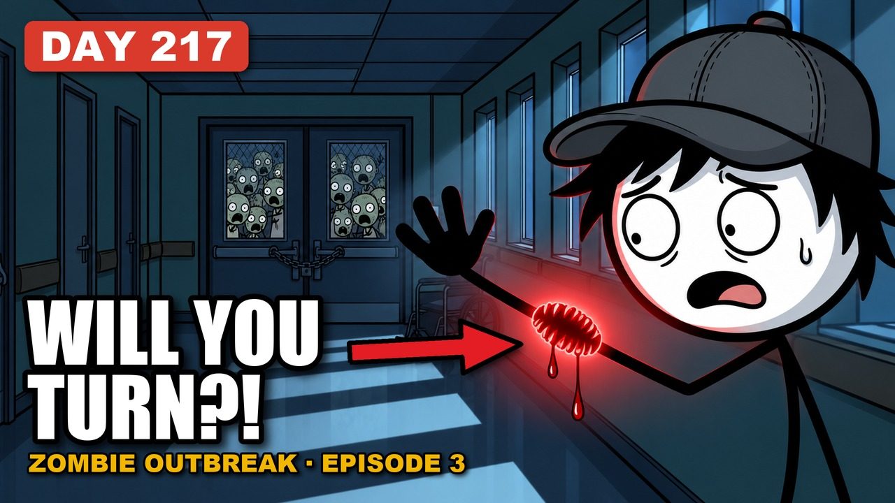 Episode 3 thumbnail: Day 217, will you turn, a stick figure with a glowing bite mark on his arm in a hospital corridor with chained ward doors