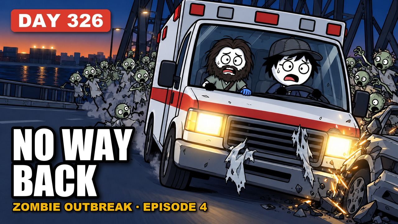 Episode 4 art: Day 326, no way back, an ambulance with the hero and Ravi smashing through zombies on a bridge