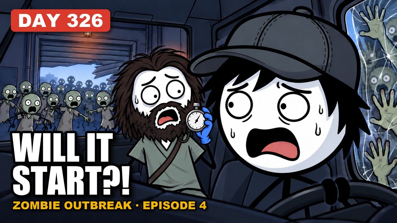 Episode 4 thumbnail: Day 326, will it start, the hero and Ravi with a stopwatch in an ambulance cab while zombie hands press on the window